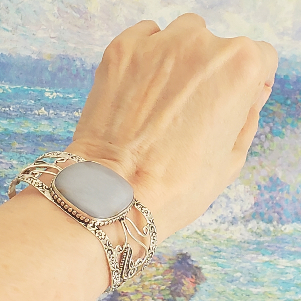 Angelite Gemstone Adjustable 925 Stamped Silver Bracelet, New, Grey Blue, Handmd - Picture 11 of 13